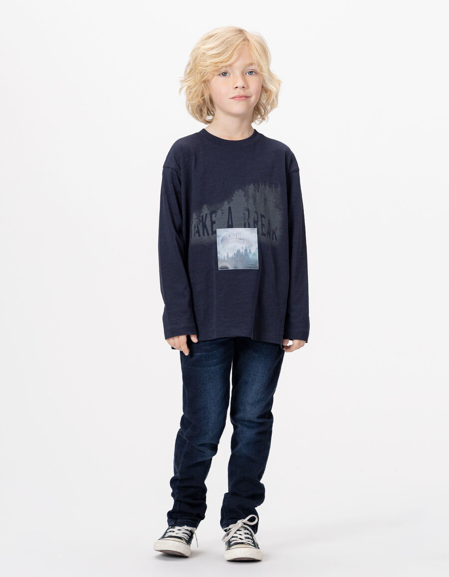 camiseta de algodón orgánico azul marino para niño imagen lenticular