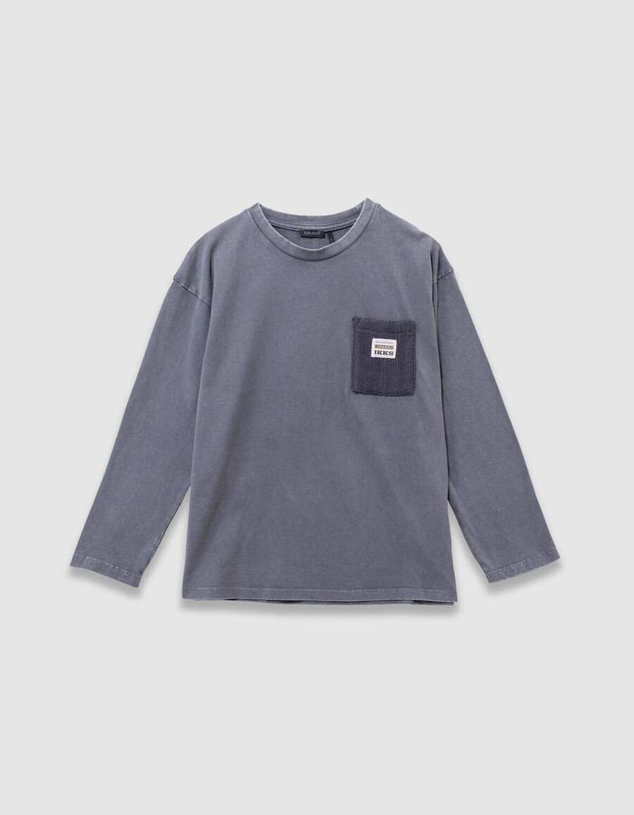 camiseta de manga larga de algodón orgánico azul para niño bolsillo de punto