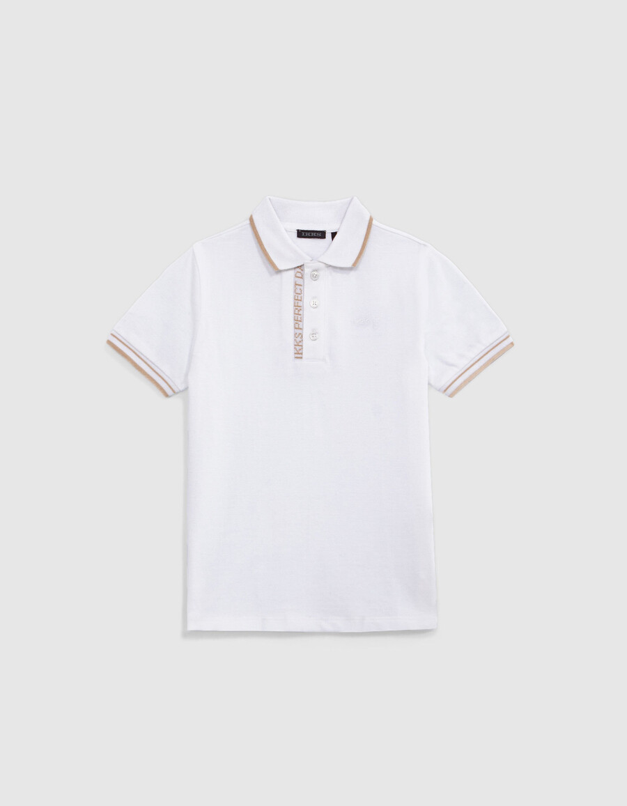 polo de algodón blanco para niño con canalé de rayas