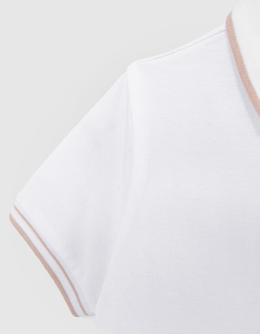 polo de algodón blanco para niño con canalé de rayas