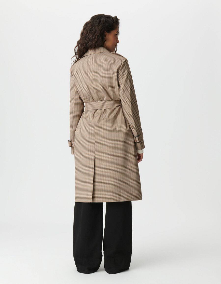 gabardina larga de pata de gallo color camello para mujer