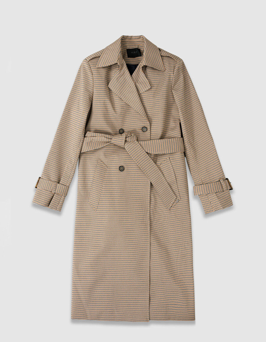 gabardina larga de pata de gallo color camello para mujer