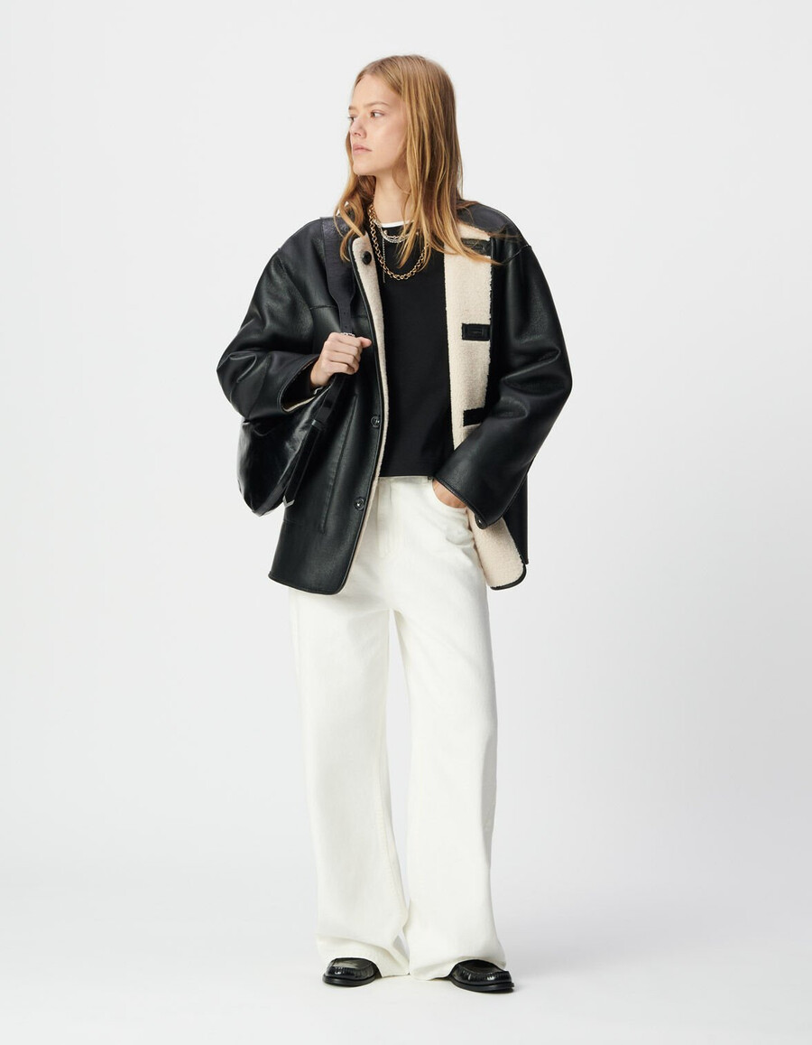 abrigo reversible de sherpa negro y crudo para mujer