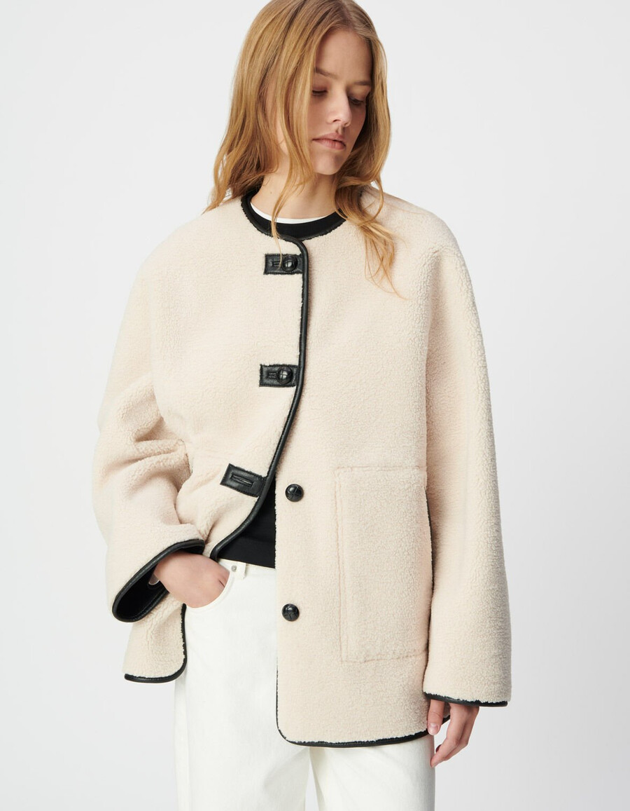 abrigo reversible de sherpa negro y crudo para mujer