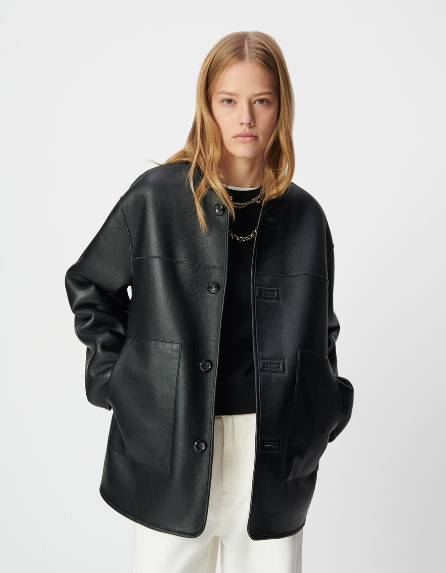 abrigo reversible de sherpa negro y crudo para mujer