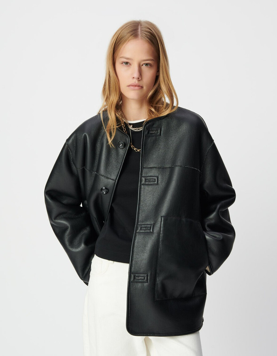 abrigo reversible de sherpa negro y crudo para mujer