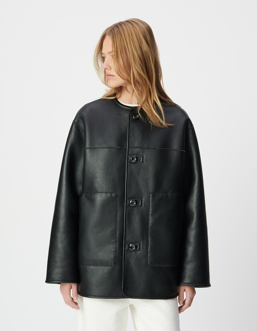 abrigo reversible de sherpa negro y crudo para mujer