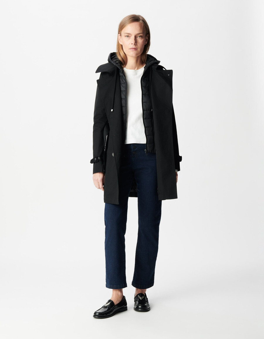 gabardina negra para mujer con capucha de nailon extraíble