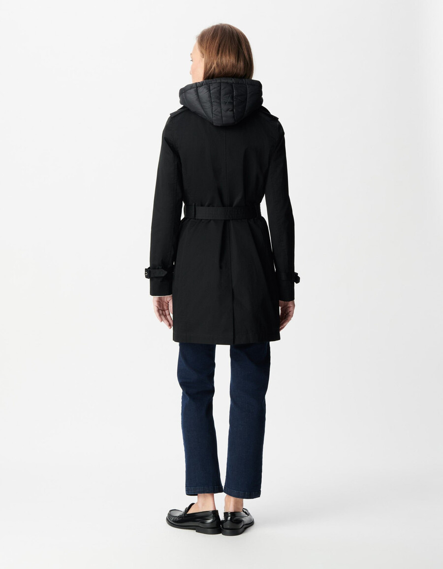 gabardina negra para mujer con capucha de nailon extraíble