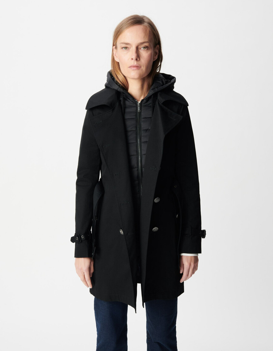 gabardina negra para mujer con capucha de nailon extraíble