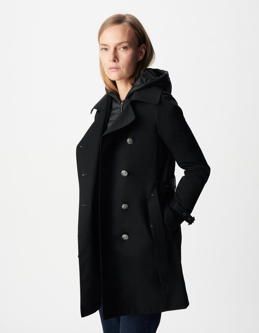 gabardina negra para mujer con capucha de nailon extraíble