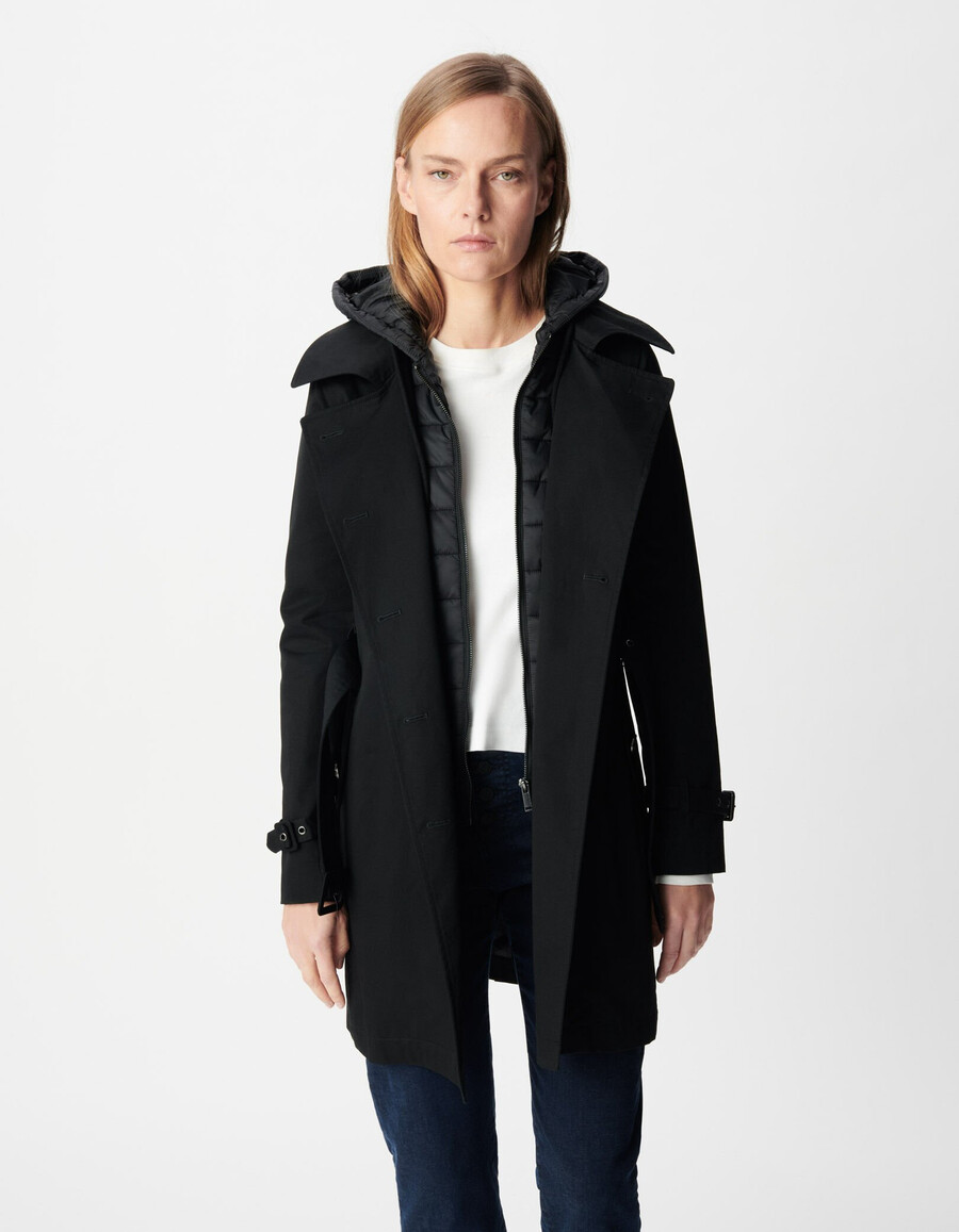 gabardina negra para mujer con capucha de nailon extraíble