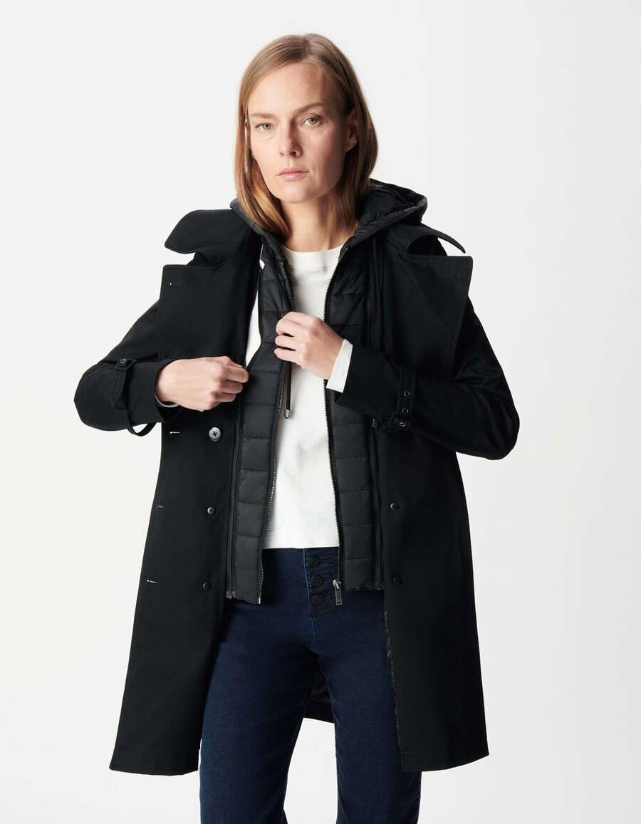 gabardina negra para mujer con capucha de nailon extraíble