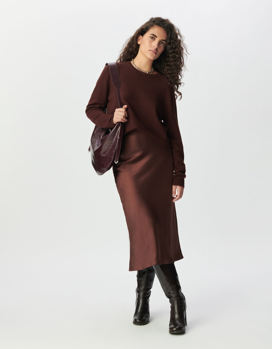 falda midi de satén marrón para mujer