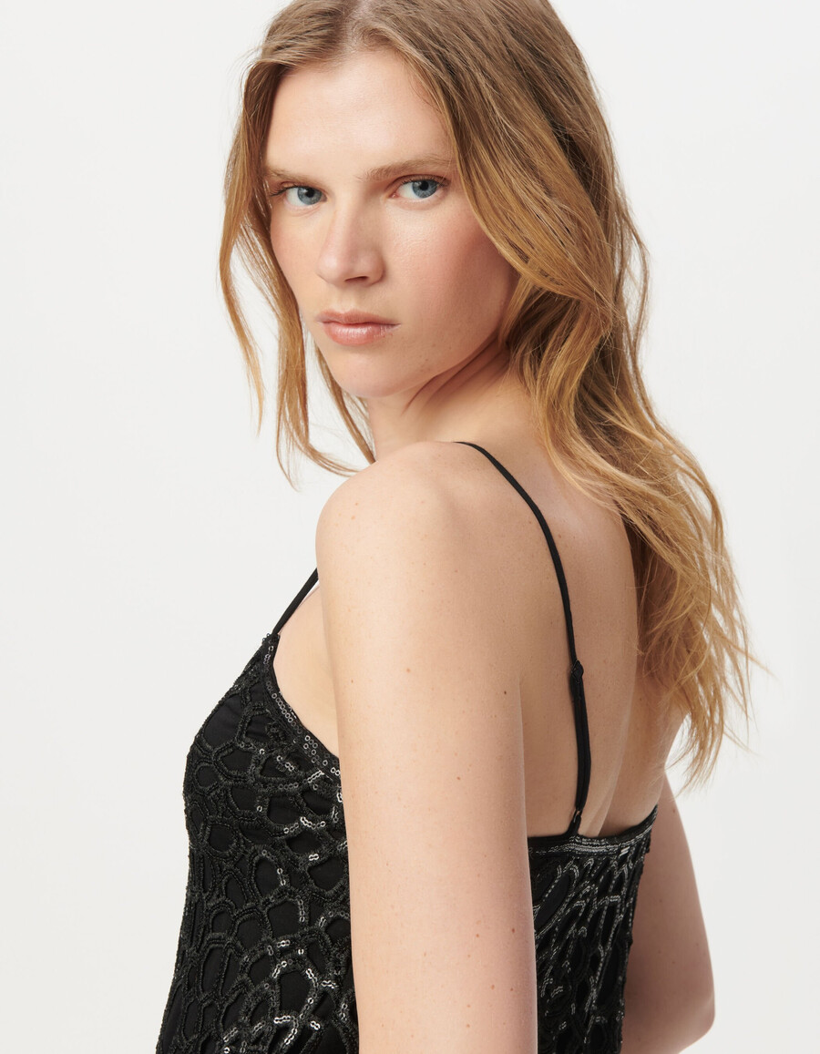 vestido corto de encaje negro con lentejuelas bordadas para mujer