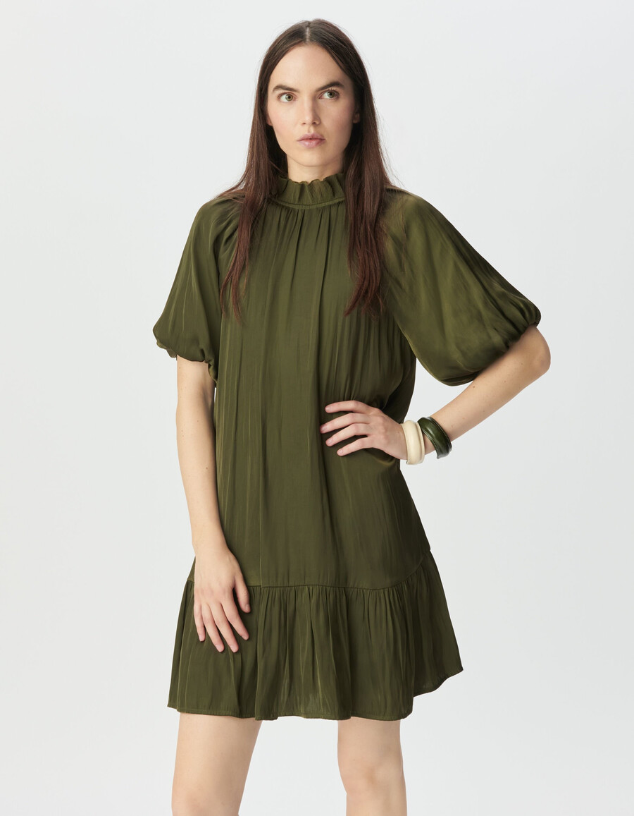 vestido fluido color caqui con mangas globo para mujer