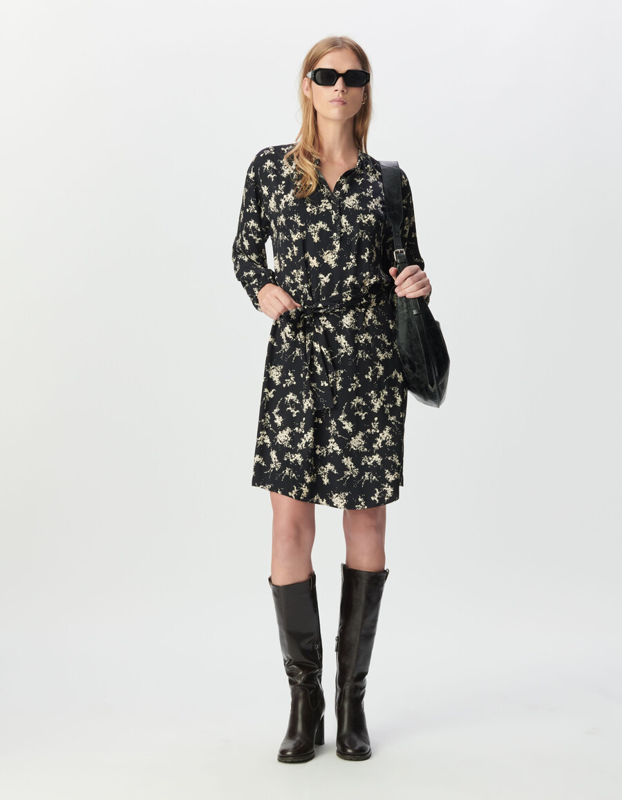 vestido negro con estampado de flores silvestres para mujer cinturón extraíble