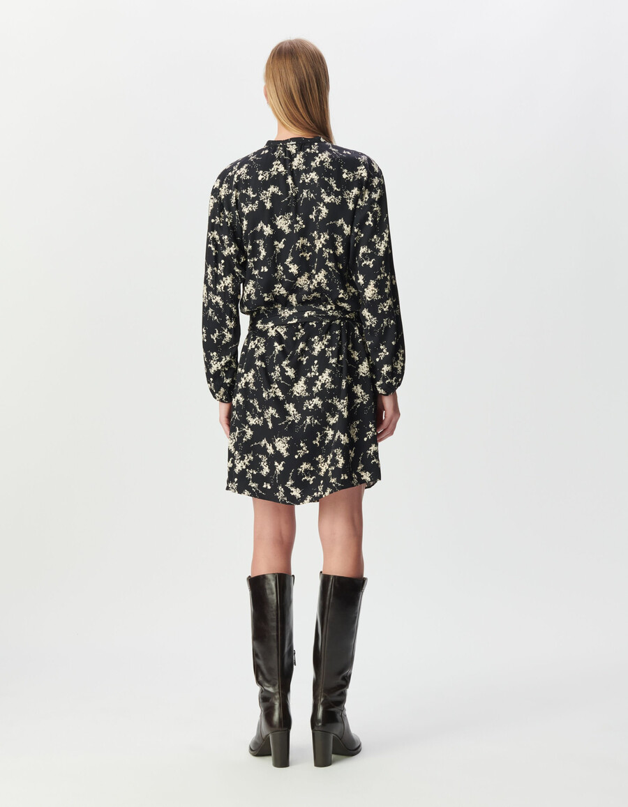 vestido negro con estampado de flores silvestres para mujer cinturón extraíble