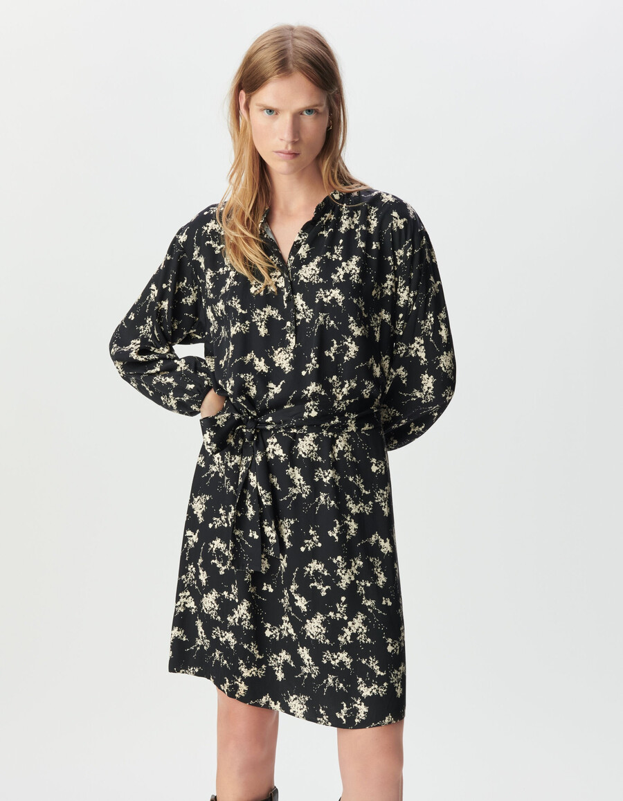 vestido negro con estampado de flores silvestres para mujer cinturón extraíble