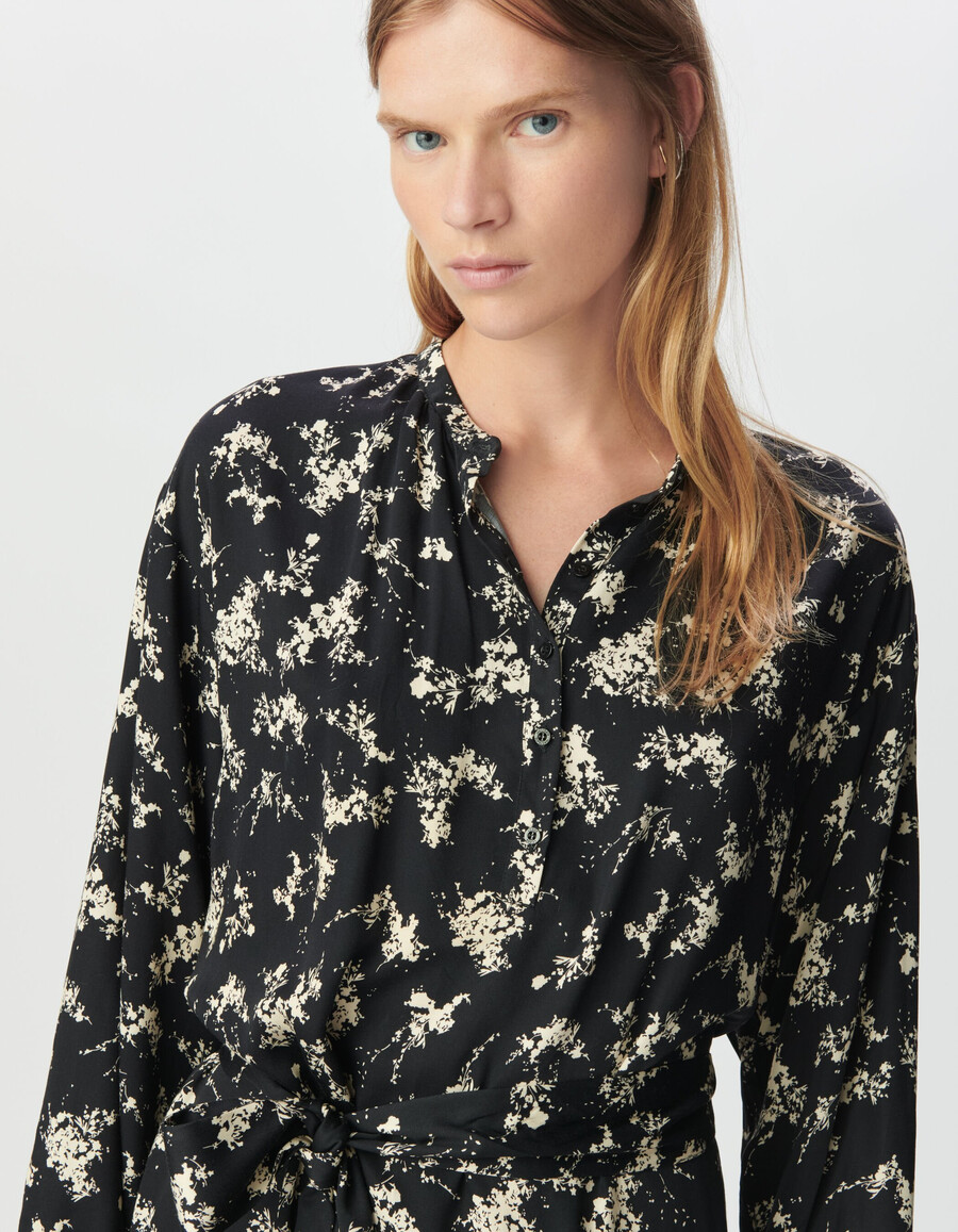 vestido negro con estampado de flores silvestres para mujer cinturón extraíble