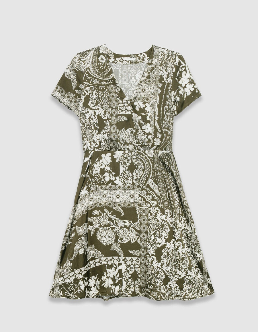 vestido fluido color caqui para mujer con estampado de bufanda