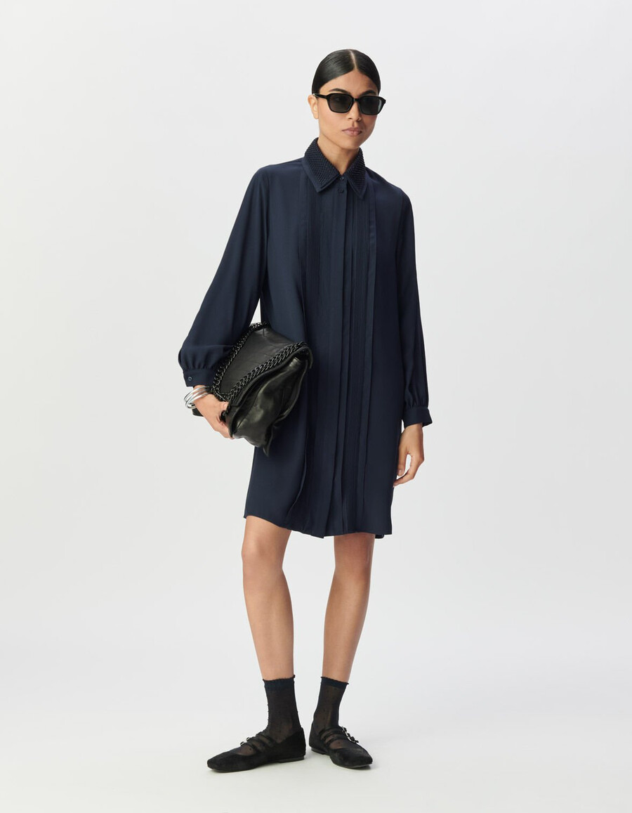 vestido camisero azul marino para mujer cuello joya doble desmontable