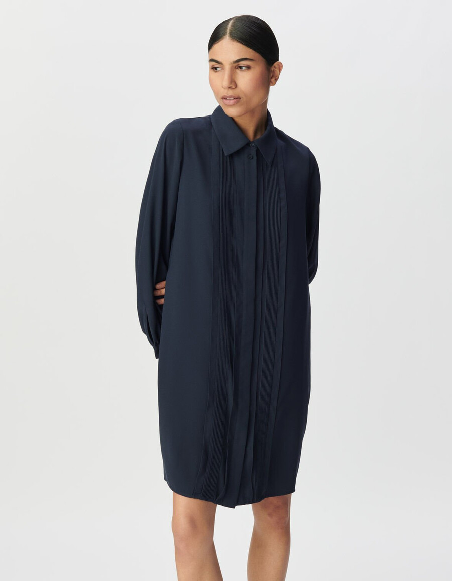 vestido camisero azul marino para mujer cuello joya doble desmontable