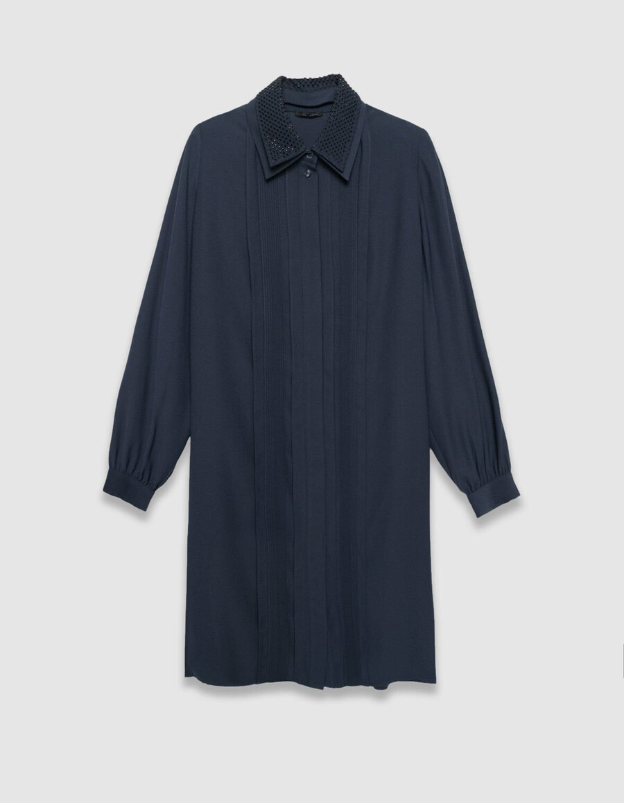 vestido camisero azul marino para mujer cuello joya doble desmontable