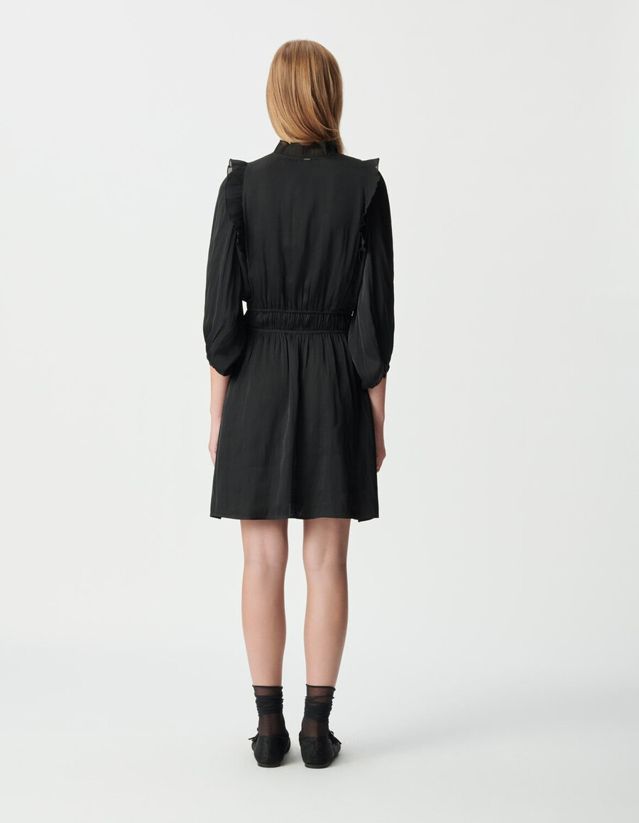 vestido de satén negro arrugado para mujer con volantes plisados