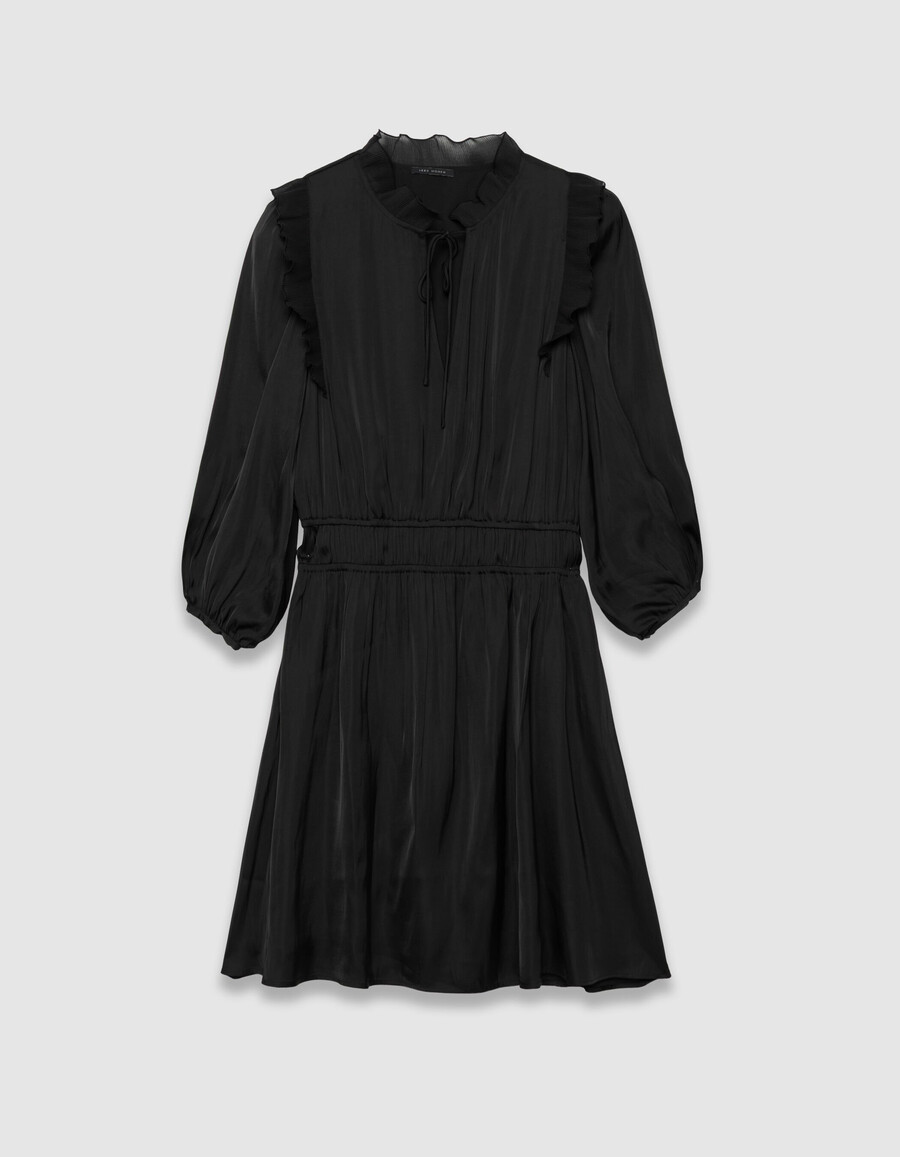 vestido de satén negro arrugado para mujer con volantes plisados