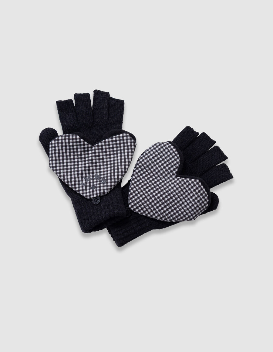 mitones de punto negros con solapa en forma de corazón para niñas
