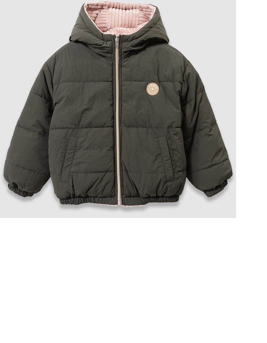 chaqueta acolchada reversible de pana caqui y rosa para niña