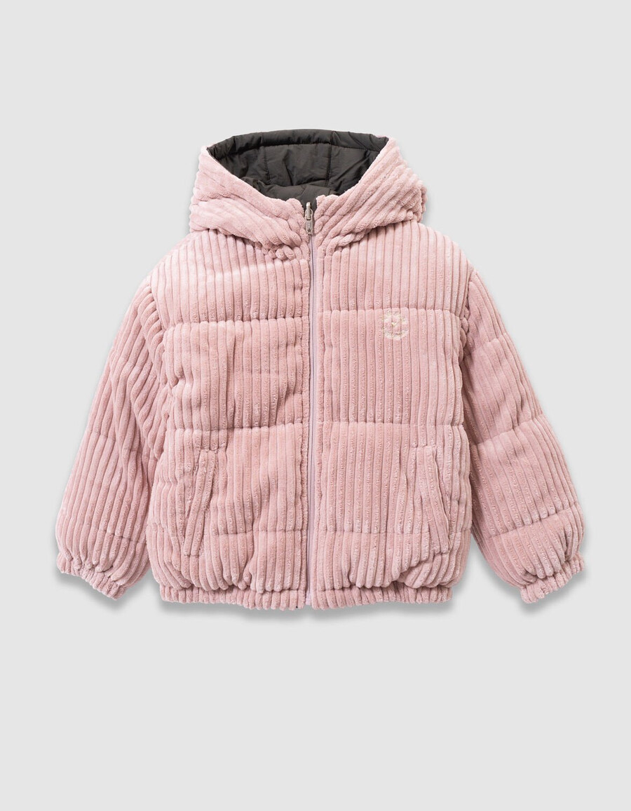chaqueta acolchada reversible de pana caqui y rosa para niña