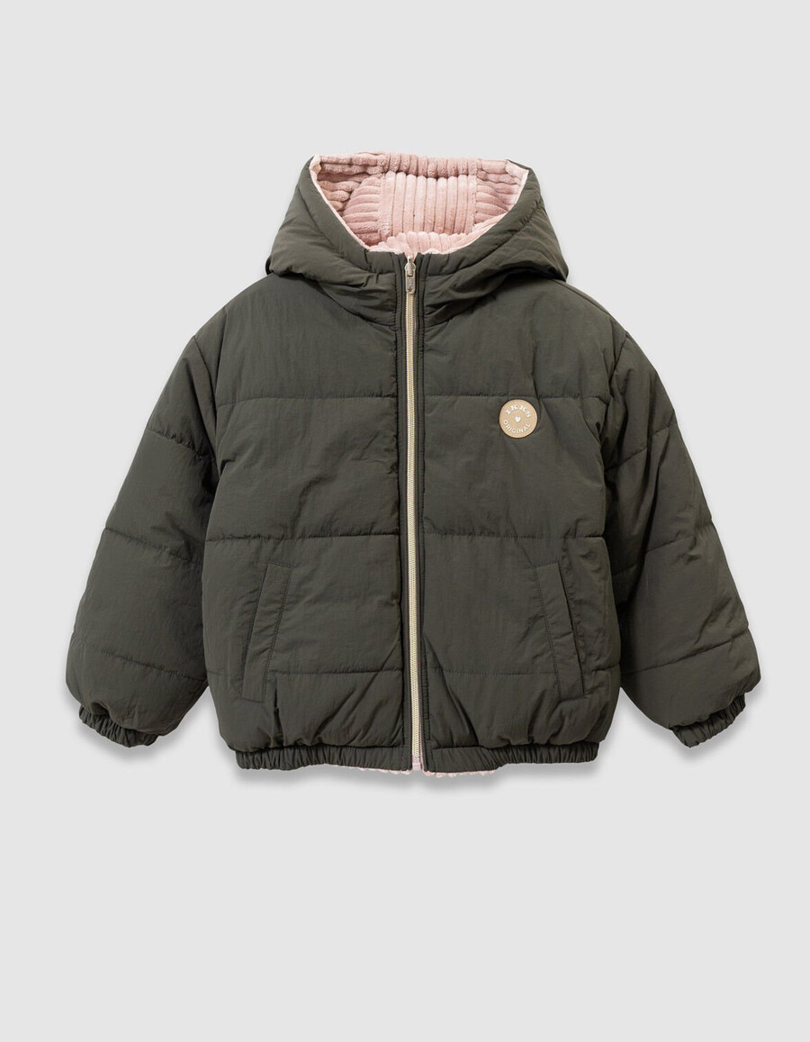 chaqueta acolchada reversible de pana caqui y rosa para niña