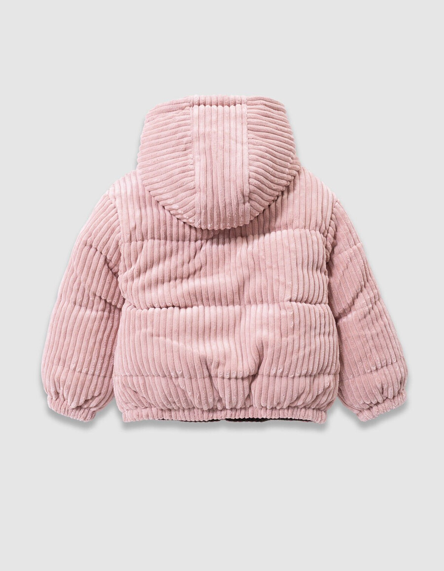 chaqueta acolchada reversible de pana caqui y rosa para niña