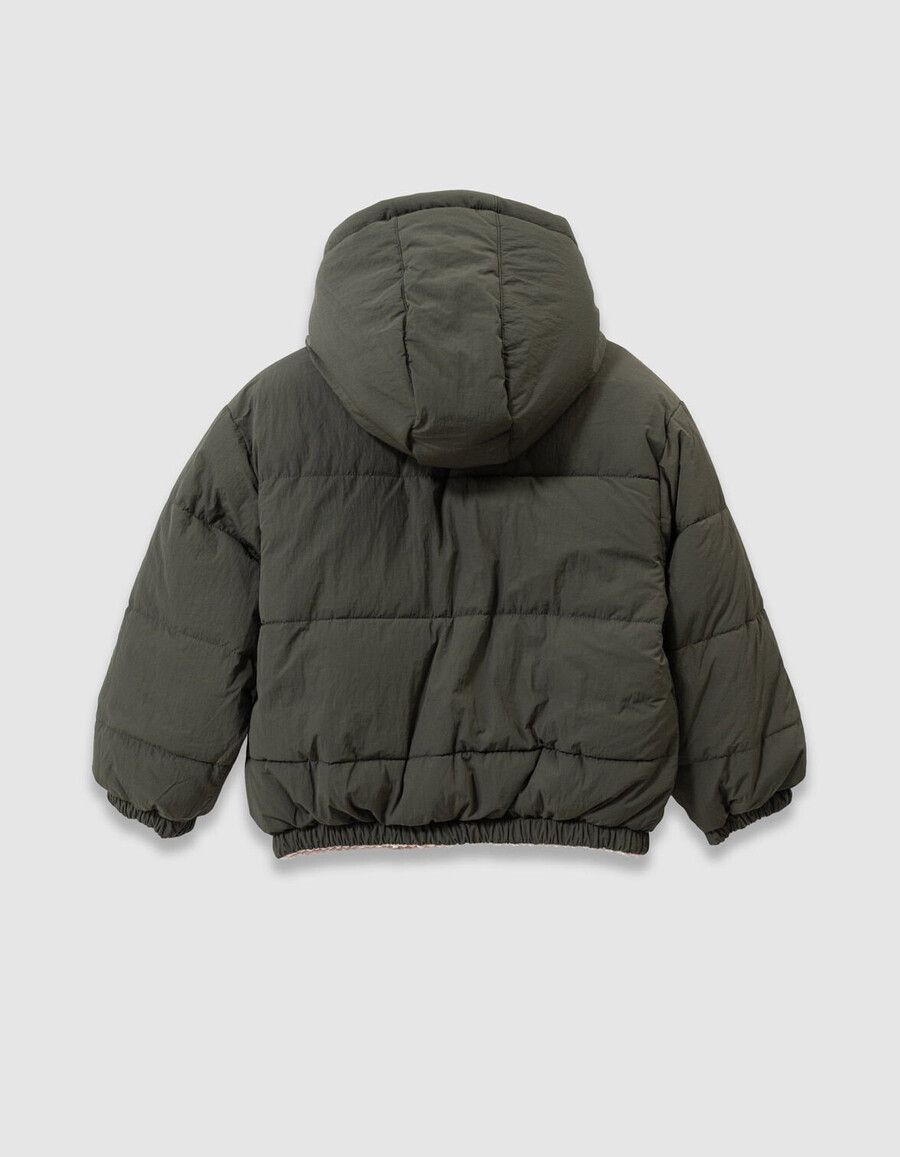 chaqueta acolchada reversible de pana caqui y rosa para niña