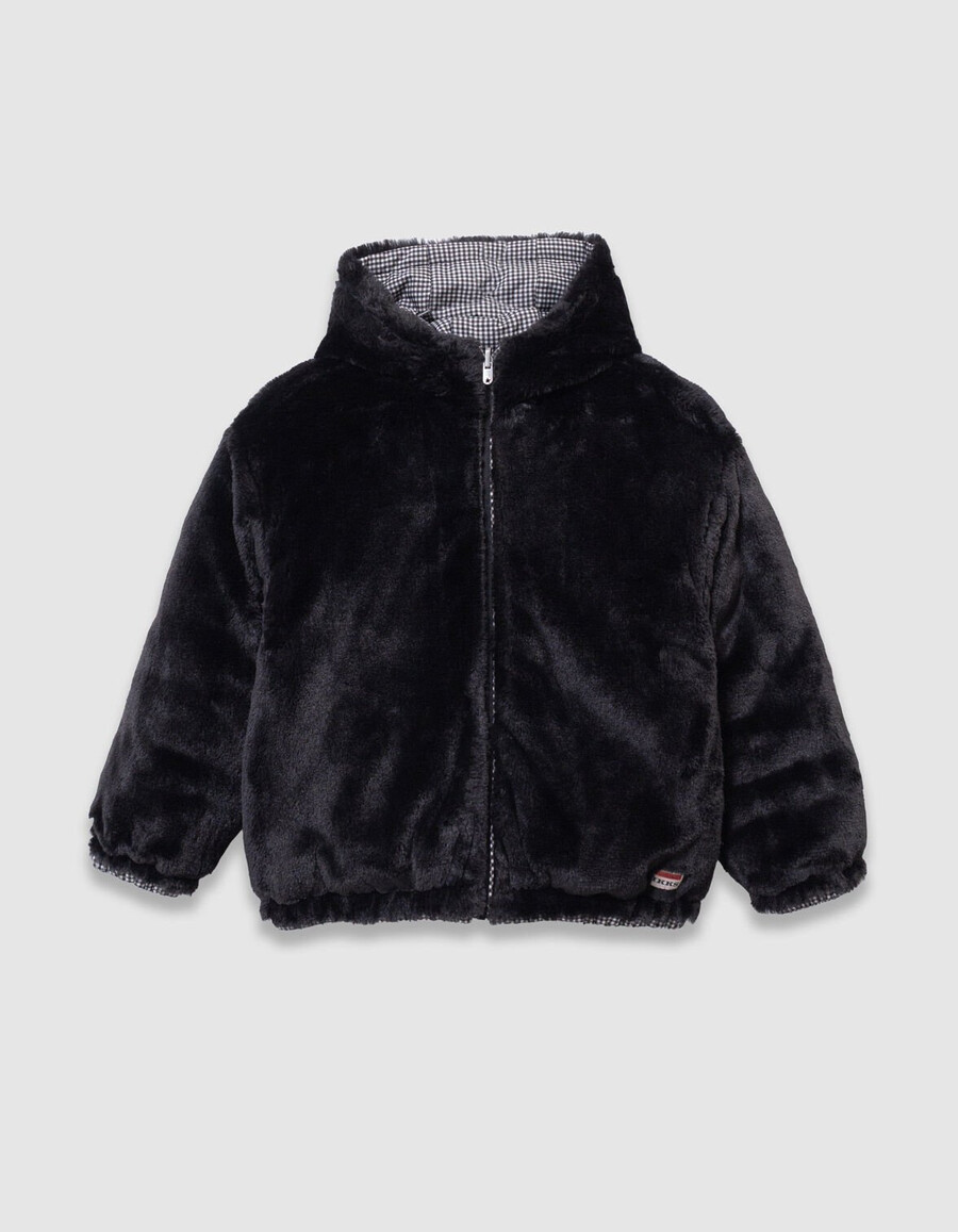 chaqueta acolchada reversible de pata de gallo y sherpa negra para niña