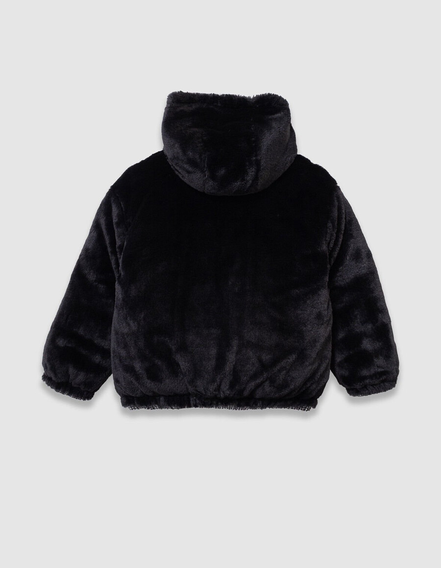 chaqueta acolchada reversible de pata de gallo y sherpa negra para niña