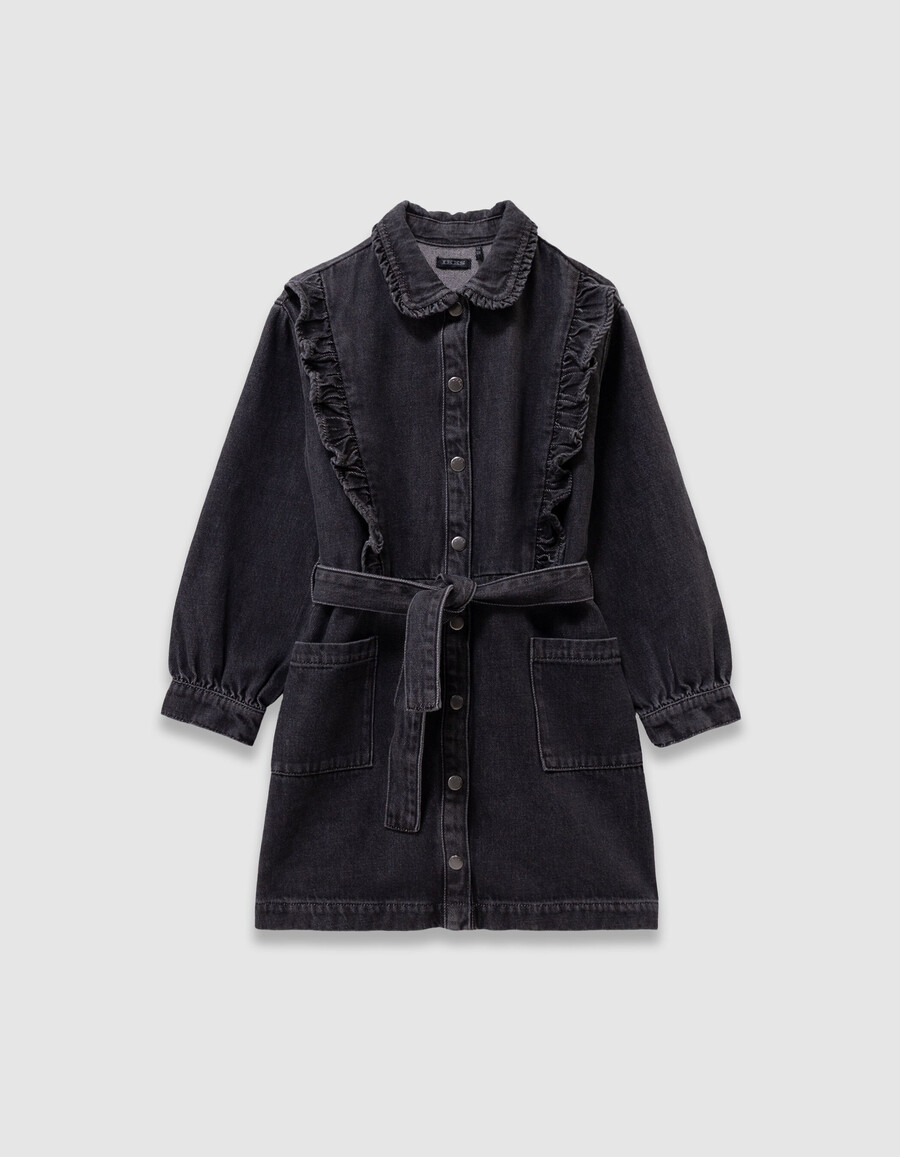 vestido vaquero gris con cinturón y volantes para niña