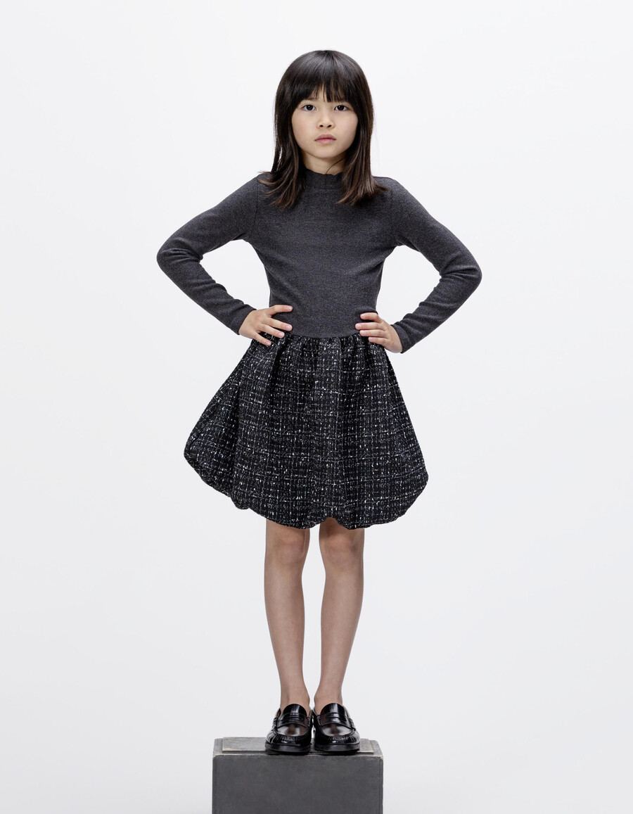 vestido negro de tela mixta con efecto tweed para niña