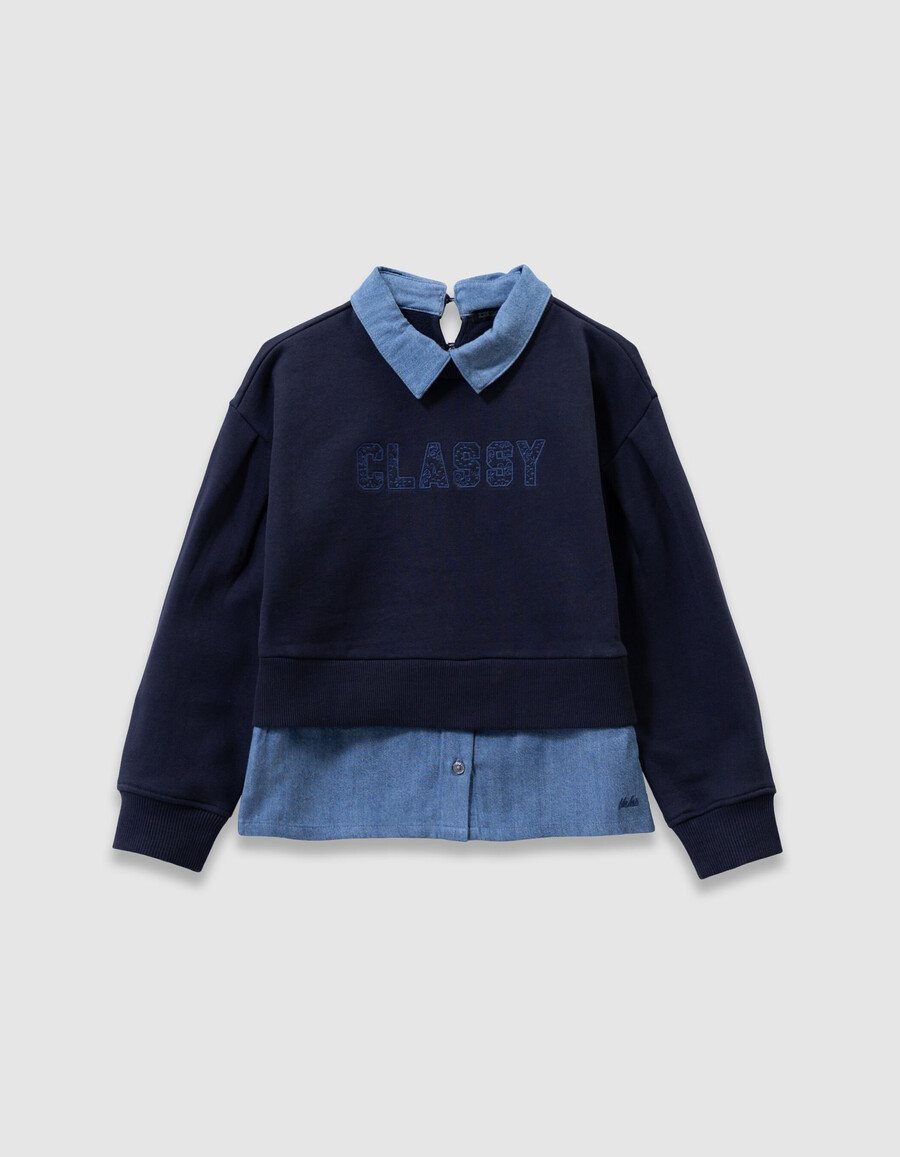 sudadera azul marino con estampado de trampantojo para niña