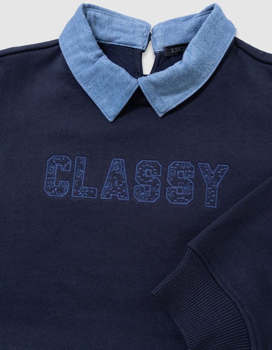 sudadera azul marino con estampado de trampantojo para niña