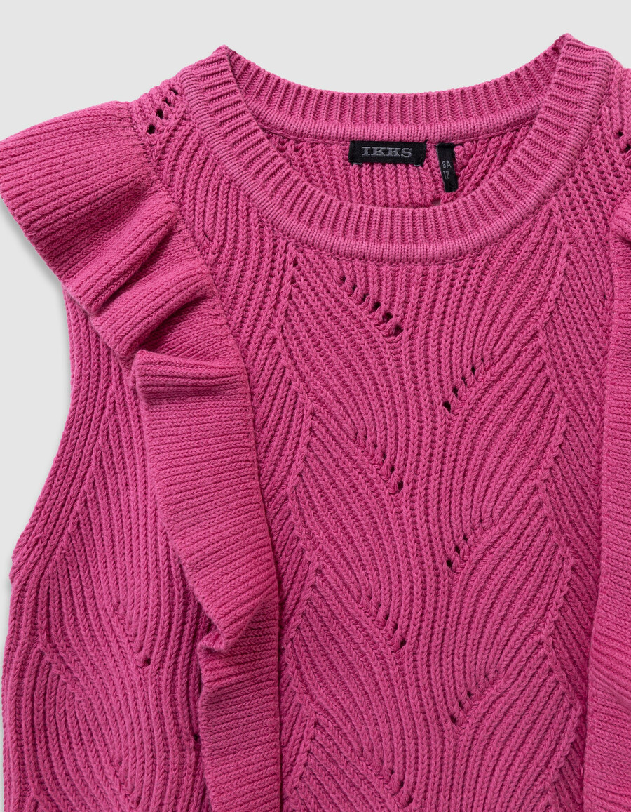 suéter de punto sin mangas con volantes decorativos en color rosa para niña