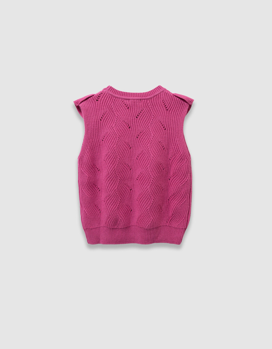 suéter de punto sin mangas con volantes decorativos en color rosa para niña