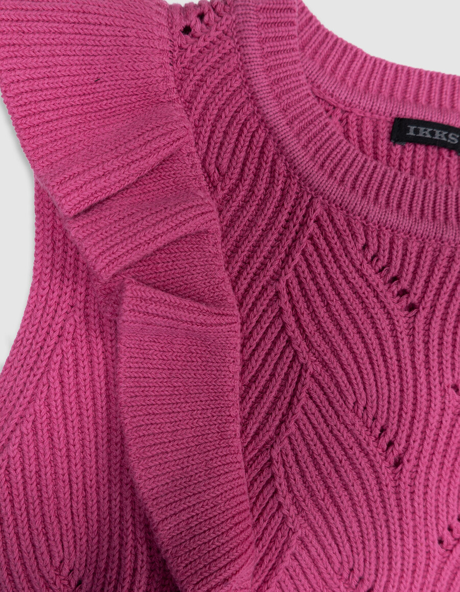 suéter de punto sin mangas con volantes decorativos en color rosa para niña