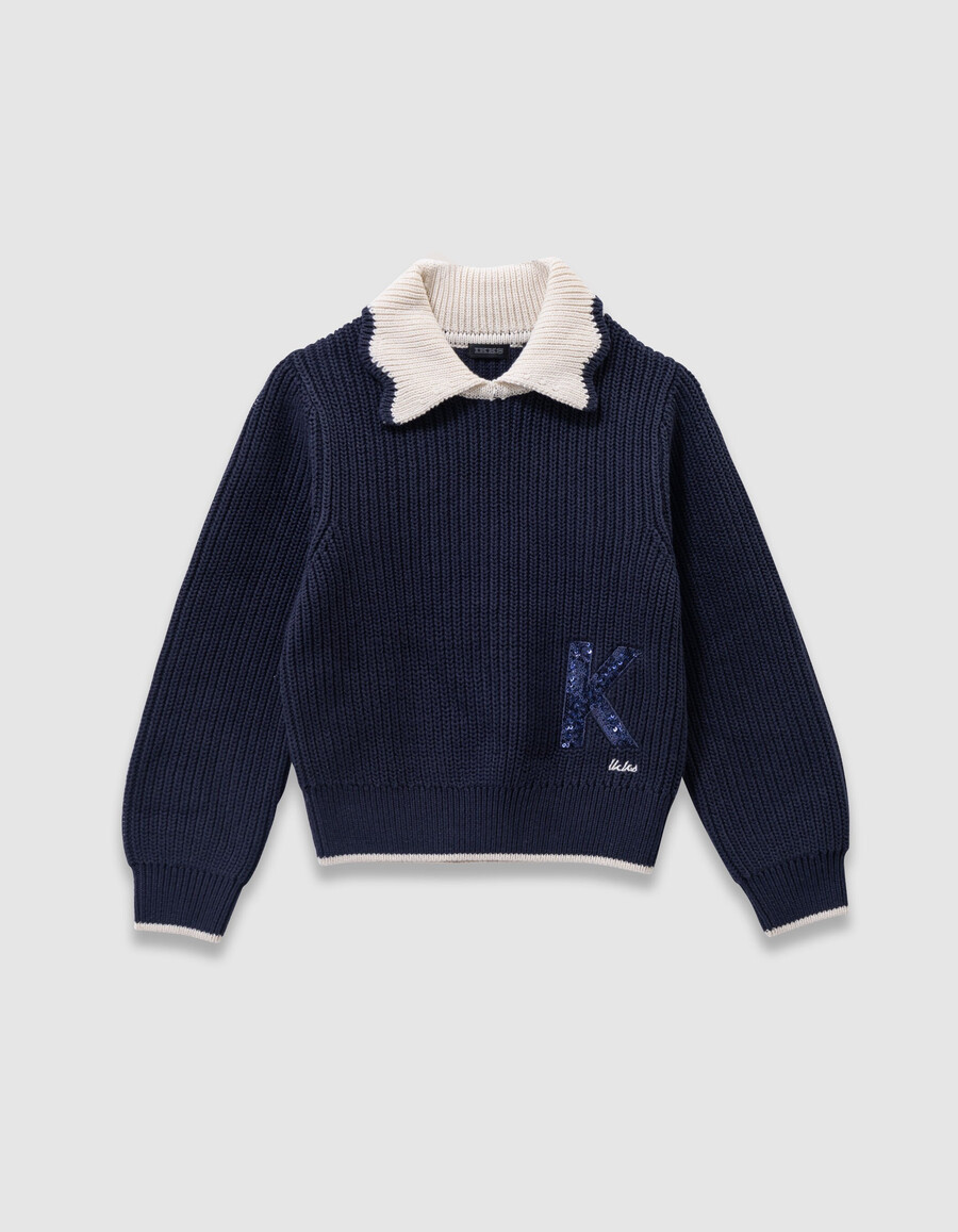 suéter de punto azul marino para niña cuello crudo letra con lentejuelas