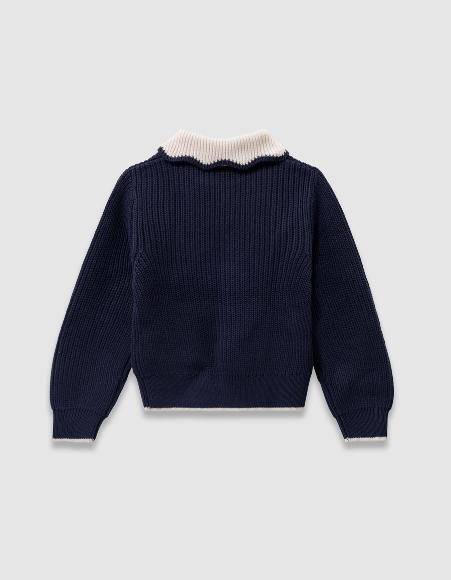 suéter de punto azul marino para niña cuello crudo letra con lentejuelas