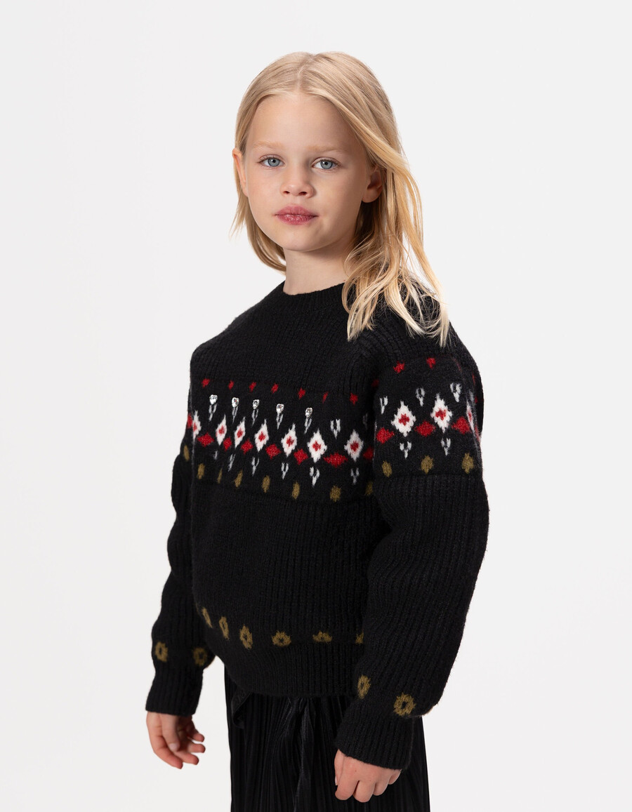 suéter de invierno de punto jacquard negro para niña con strass