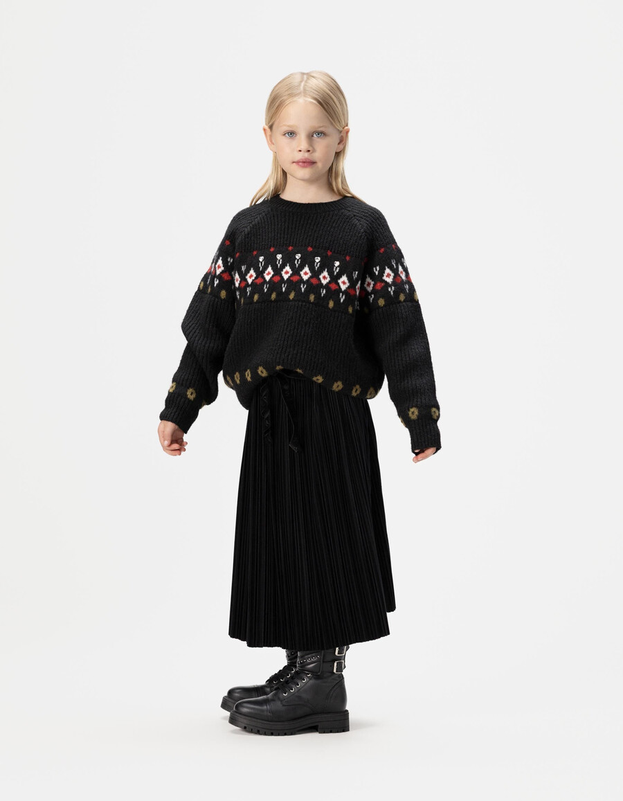 suéter de invierno de punto jacquard negro para niña con strass