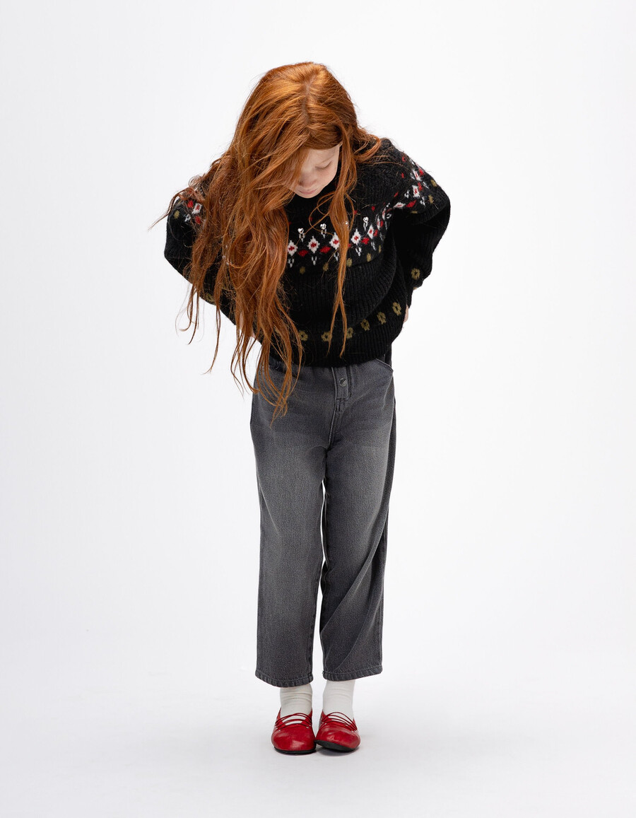 suéter de invierno de punto jacquard negro para niña con strass